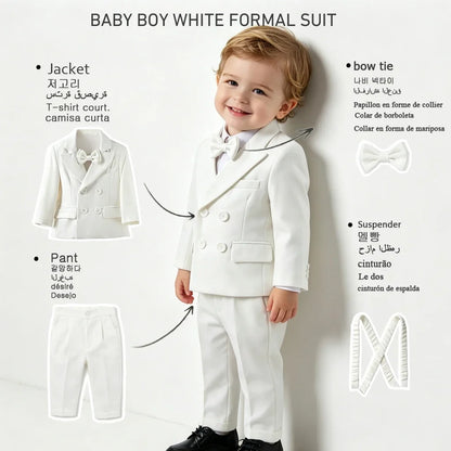 Elegant White Toddler Boy Suit Set Bow Tie Kids Formal Tuxedo Jacket Pant Outfit Christening Wedding Birthday Photograph Clothes