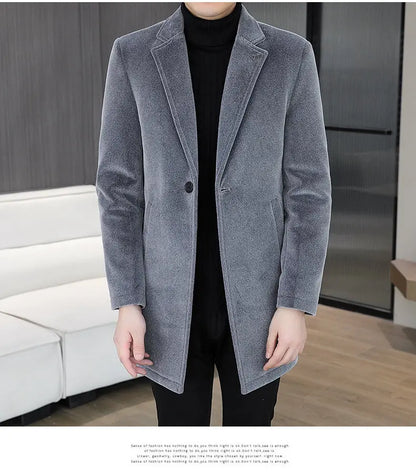 High-quality winter new style mid-length solid color men's fashionable and cool golden mink woolen trench coat with cotton