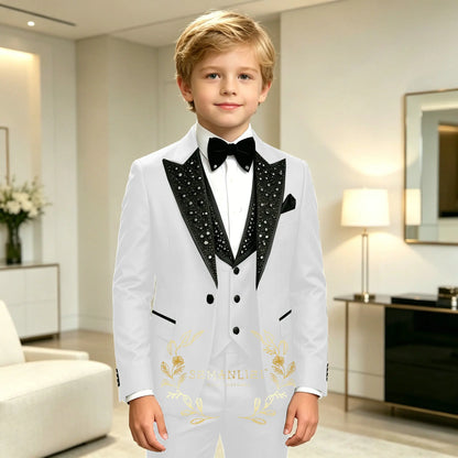 Classic Suits for Boys Black Crystals 3-Piece Fashion Stylish Boy's Tuxedo Formal For Party Outfit For Kids Blazer Vest Pant
