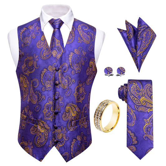 Men's Paisley V-Neck Waistcoat 5-Piece Set with Tie, Pocket Square, Cufflinks & Ring – Purple Gold for Weddings & Prom