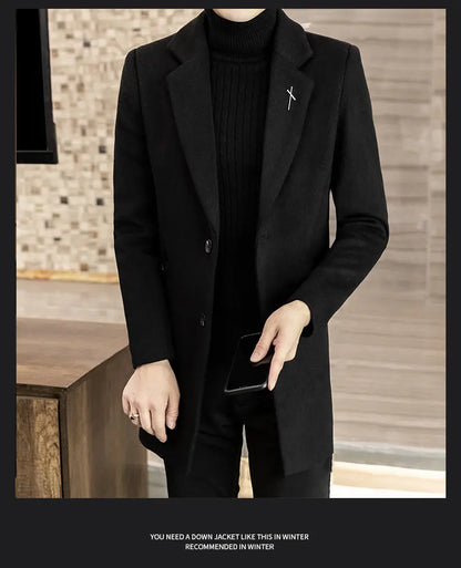 High-quality men's fashionable and stylish mid-length solid color woolen and cotton thick coat for autumn and winter