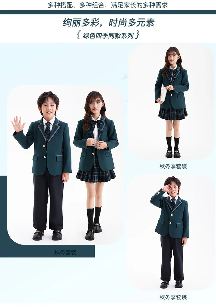 Boys Green Blazers Pants School Uniform Girls Jacket Skirt Shirt Tie Suits Kids Formal Dress Tuxedo Children Student Clothes Set