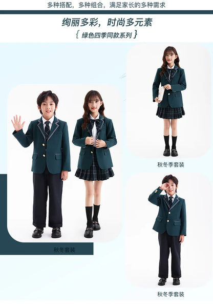 Boys Green Blazers Pants School Uniform Girls Jacket Skirt Shirt Tie Suits Kids Formal Dress Tuxedo Children Student Clothes Set