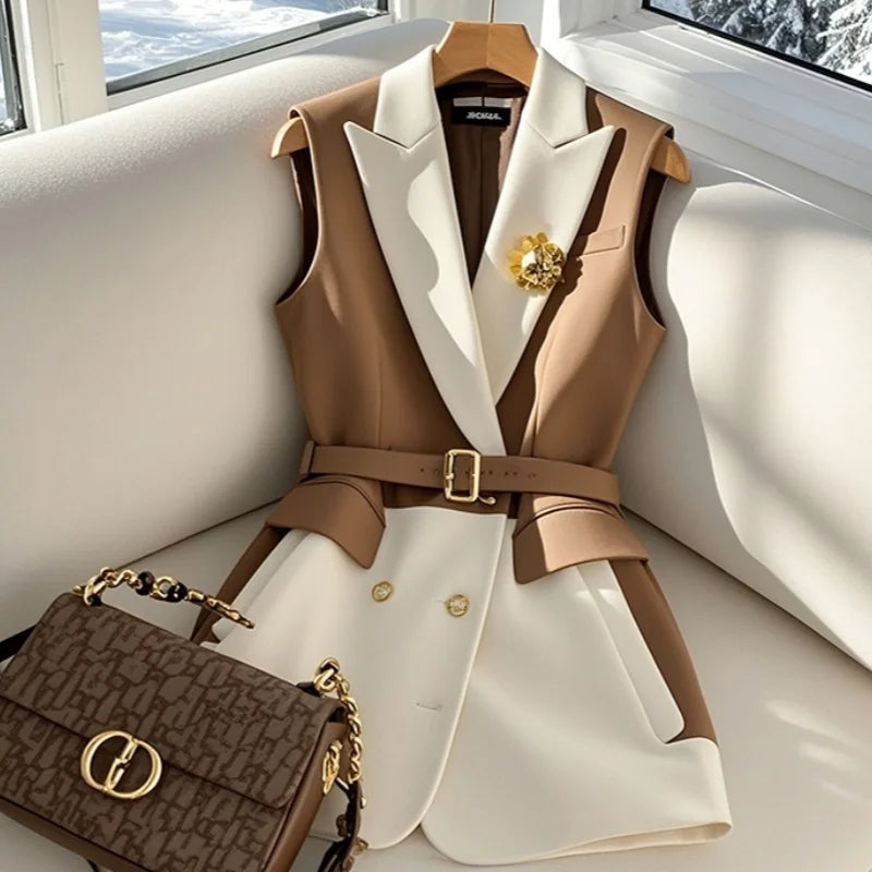 Bright Silk Edge White Blazers Vest Jackets Temperament Women Sleeveless Vests Coat Elegant British Retro Summer Single Breasted
