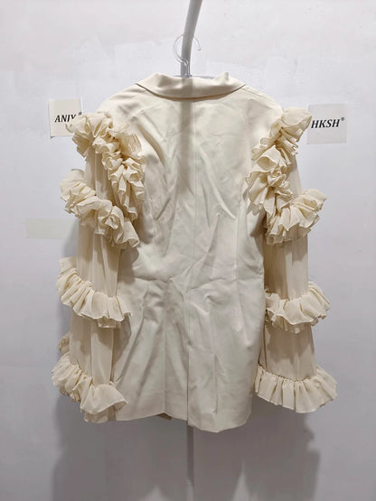 Spring Autumn New Women Blazer Double Breasted Ruffled Long Sleeve Patchwork Slim Fit Elegant Fashion Trendy Jacket HK13405