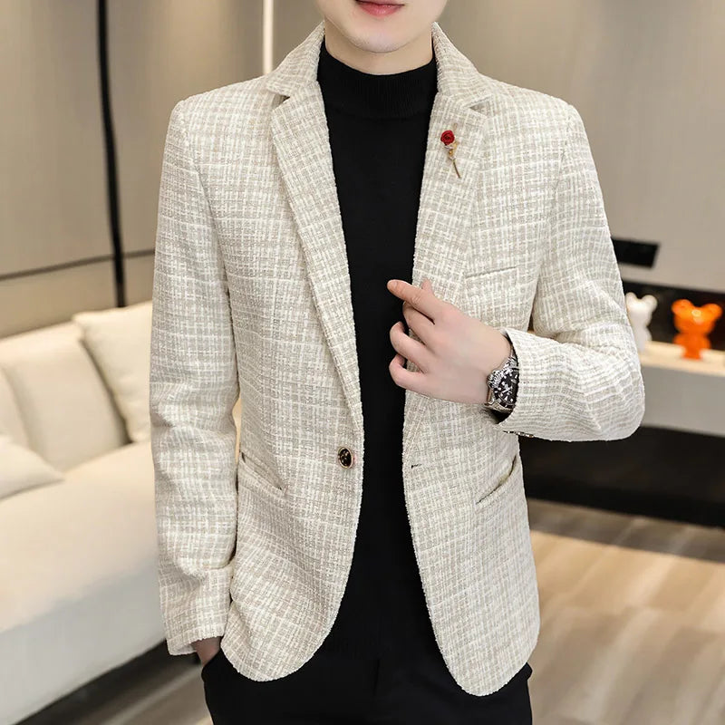 Korean Fashion Woven Suit Jacket for Men Autumn Slim Fit Casual Men Blazers Street Wear Social Business Dress Coats Men Clothing