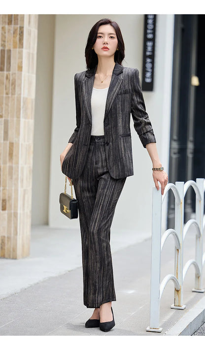 Fashion Women Striped Pants Suit New Spring Business Formal Slim Long Sleeve Thin Blazer and Trousers Office Ladies Work Wear