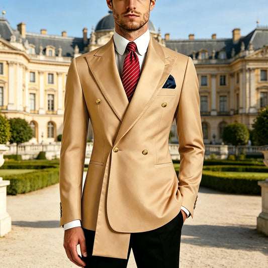 Luxury Men's Satin Double Breasted Blazer Slim Fit Peak Lapel Suit Jacket Formal Business Casual Tuxedo Coat for Wedding Groom