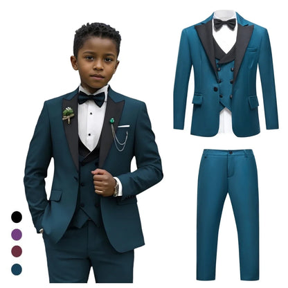 Boys 4-Piece Formal Suit Set for Kids Ages 3–14 | Solid Color Tuxedo with Blazer, Vest, Pants & Bow-Tie for Weddings & Special Occasions