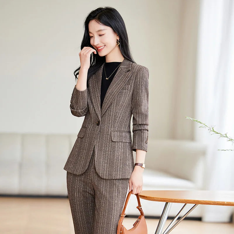 Gray Coffee Striped Ladies Formal Pant Suit Set Women Female Business Work Wear Long Sleeve 2 Piece Blazer Jacket And Trouser