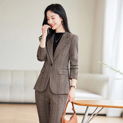 Gray Coffee Striped Ladies Formal Pant Suit Set Women Female Business Work Wear Long Sleeve 2 Piece Blazer Jacket And Trouser