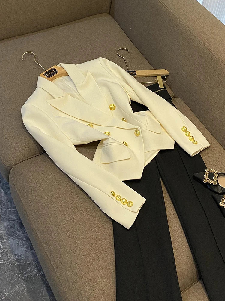 Business Commute Style Women's Long Sleeve Double-Breasted Suit Slim Fit Waist-Cinching Outerwear Fashion D9986