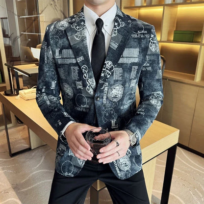 2024 Autumn Winter Jacquard Denim Suit Jacket for Men Fashion Business Casual Blazers Streetwear Social Men Clothing