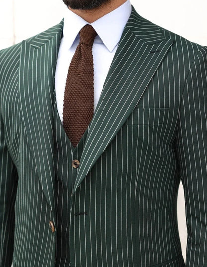 Formal Dark Green Men's Suits Business 3 Piece Sets Single Breasted Suit Striped Tuxedo Peak Lapel Banquet Suits Male Customized