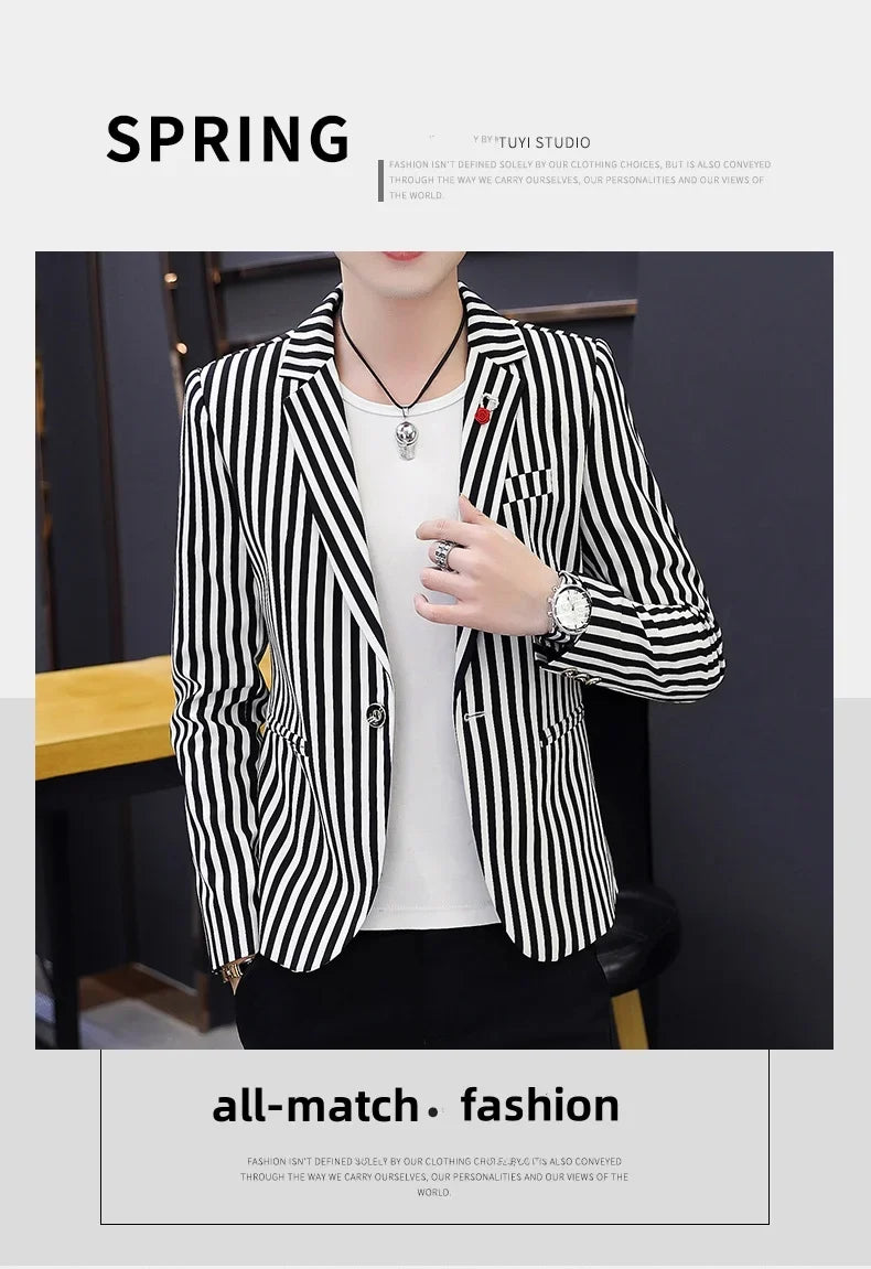 Men's Slim Fit Striped Casual Suit Jacket Korean Fashion Four Seasons New Boutique Handsome Small Suit