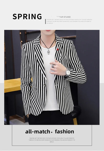 Men's Slim Fit Striped Casual Suit Jacket Korean Fashion Four Seasons New Boutique Handsome Small Suit