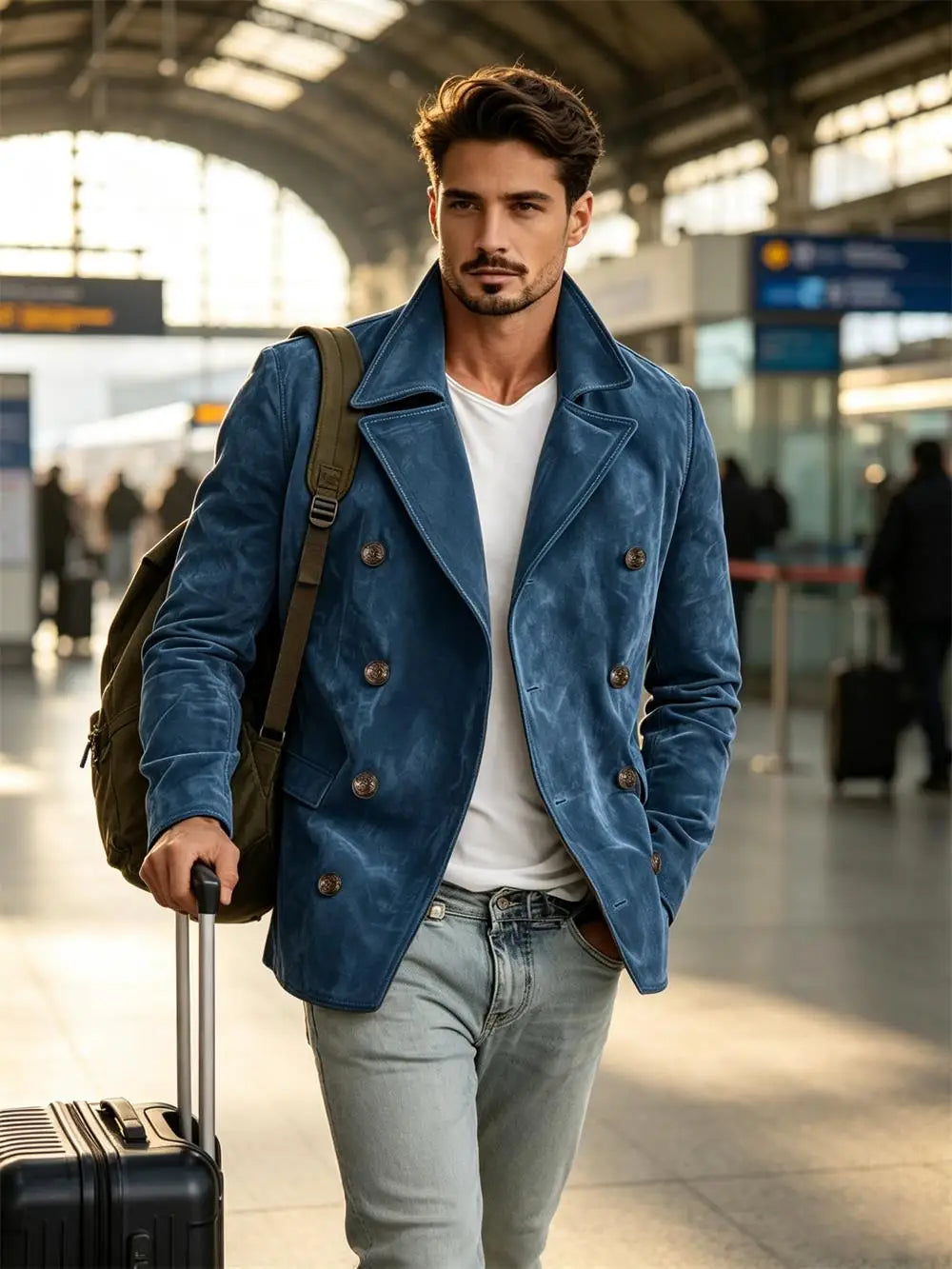 Men Faux Suede Jacket Double Breasted Lapel Collar Casual Blazer Vintage Comfort Business Office Autumn Winter Fashion Male Coat