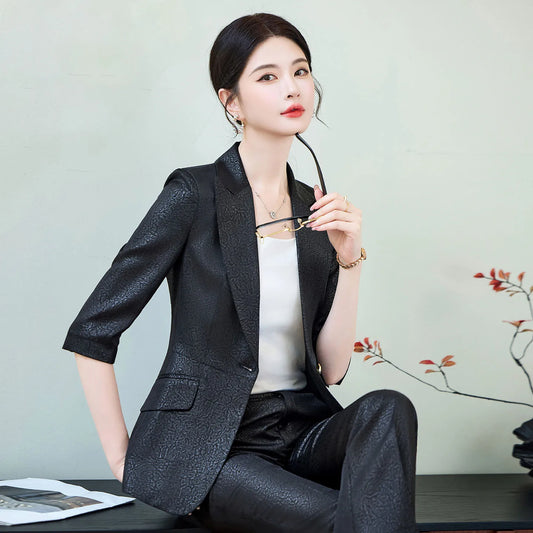 Women's Spring Summer Black Suit Set Fashionable Three Quarter Sleeve Blazer with Flared Pants Elegant Professional Formal Wear
