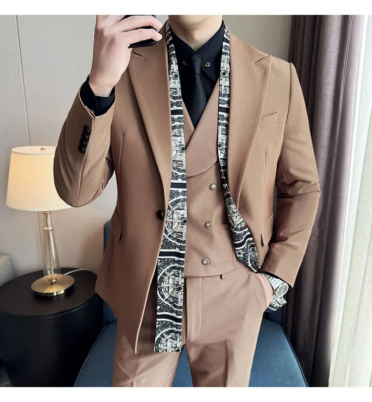 Scarf With Design Double Collar Suit Men's Business Casual Groom Wedding Slim Fit Suit Tuxedo 3-piece Set (Jacket+Vest+Pant)