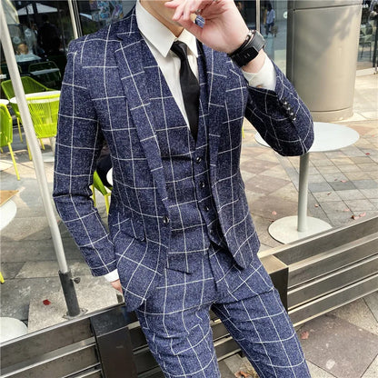 Men's 3-Piece Slim Fit Striped Plaid Suit Set with Vest and Trousers – Wedding & Business