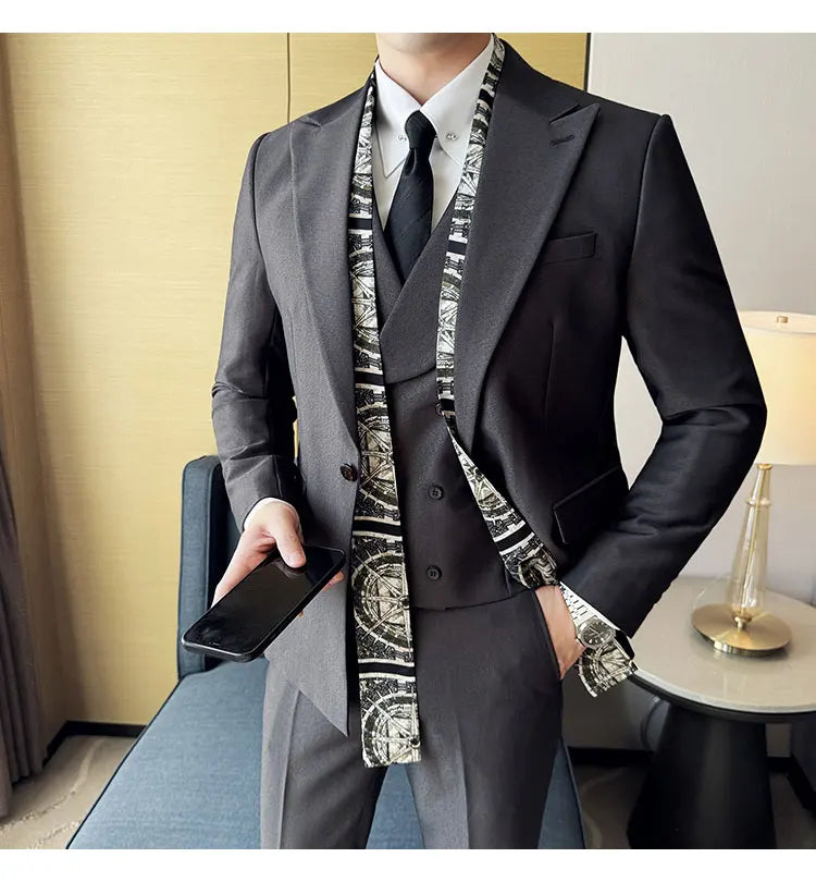 Double Collar Suit Set 3 Pieces Business Formal Casual Suits Vest Trousers Office Work Party Prom Wedding Groomsmen Clothing