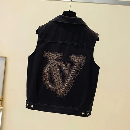 Women's Hot Drill Denim Vest Cropped Sleeveless Top Korean Fashion Streetwear Diamond Designer Vest Coat Trendy Jeans Waistcoat