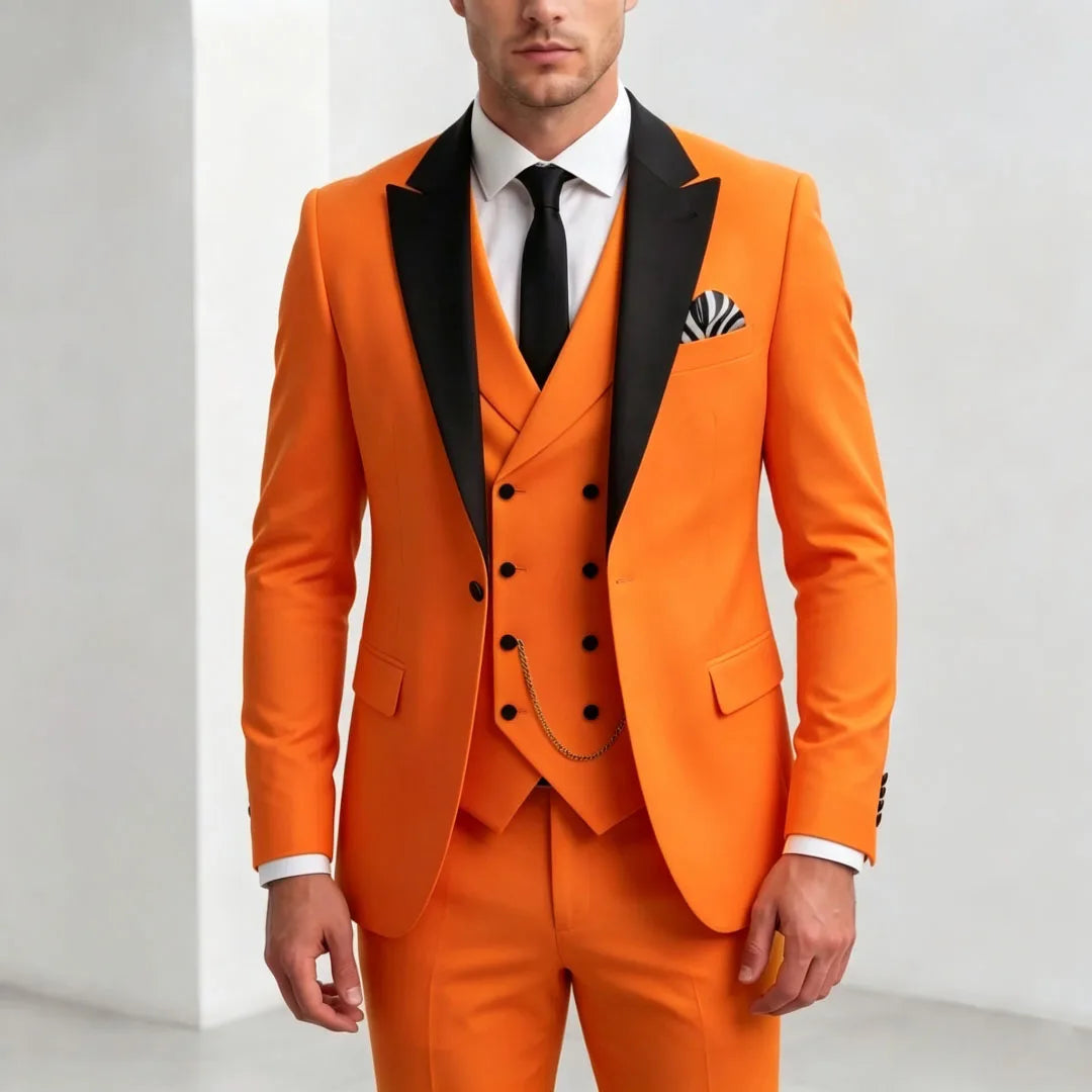 Men Suit Yellow 3 Pieces With Black Lapel For Wedding Groom Birthday Banquet Party Business Work Office Set Jacket Vest Pants
