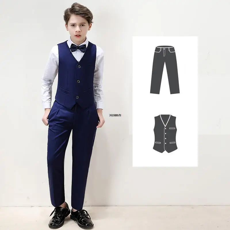 Boys Plaid 4Pieces Wedding Suit Set With Jacket Vest Pants Bowtie Kids Host Piano Performance Suit Children's Birthday Blazer