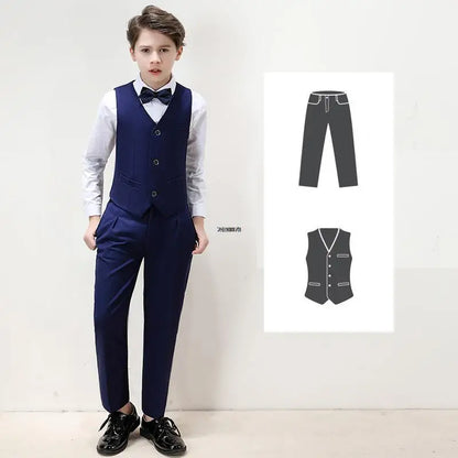 Boys Plaid 4Pieces Wedding Suit Set With Jacket Vest Pants Bowtie Kids Host Piano Performance Suit Children's Birthday Blazer