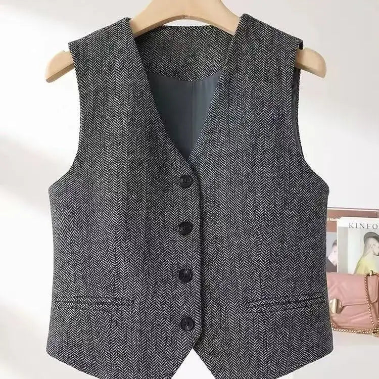 2025 British Style Retro Suits Vests Spring Autumn V-neck Herringbone Pattern Women's Sleeveless Jacket New Blazers Waistcoat