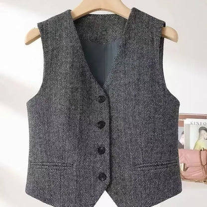 2025 British Style Retro Suits Vests Spring Autumn V-neck Herringbone Pattern Women's Sleeveless Jacket New Blazers Waistcoat