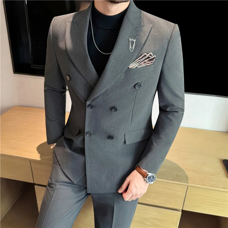 Brand Two-piece Suit for Men British Style Double Breasted Casual Business Suit Blazer Trousers Office Party Prom Wedding Suits