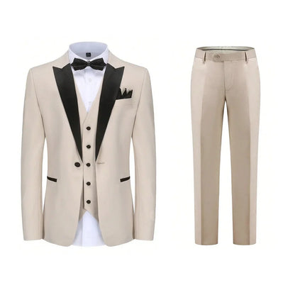 Men Suit 3 Pieces Beige With Black Lapel Single Button For Wedding Business Banquet Party Work Office Jacket Vest Pnats