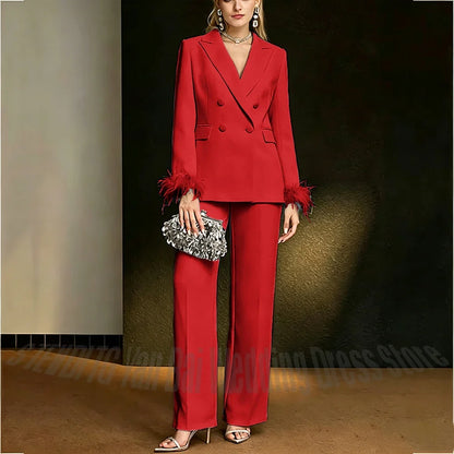 Luxury White Feather Women's Suit Elegant Classic Double Breasted Jacket Pants Formal Evening Party Wedding Guest Outfit