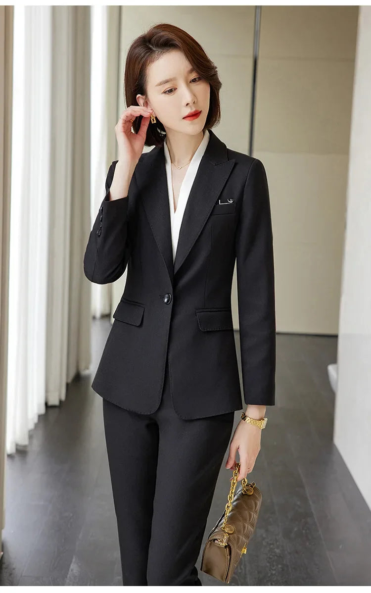 Ladies Blazer And Pant Suit Formal Army Green Khaki Gray Black Solid Women Jacket Trouser Female Business Work Wear 2 Piece Set