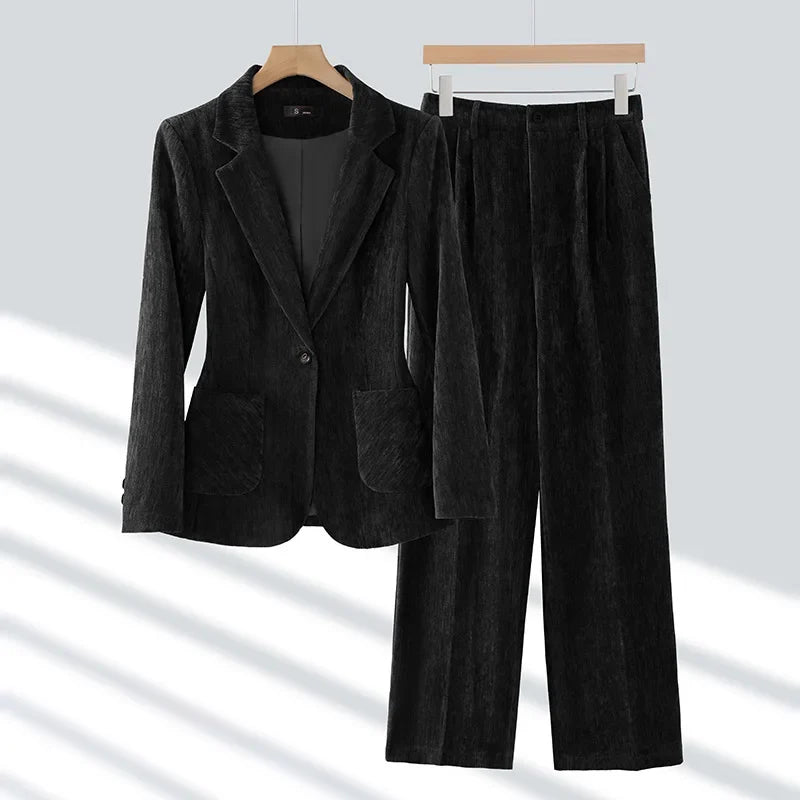 2024 Autumn New Corduroy Elegant Pant Suit Ladies Formal Business Work Wear 2 Piece Set Black Coffee Jacket Blazer And Trouser