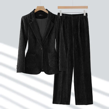 2024 Autumn New Corduroy Elegant Pant Suit Ladies Formal Business Work Wear 2 Piece Set Black Coffee Jacket Blazer And Trouser