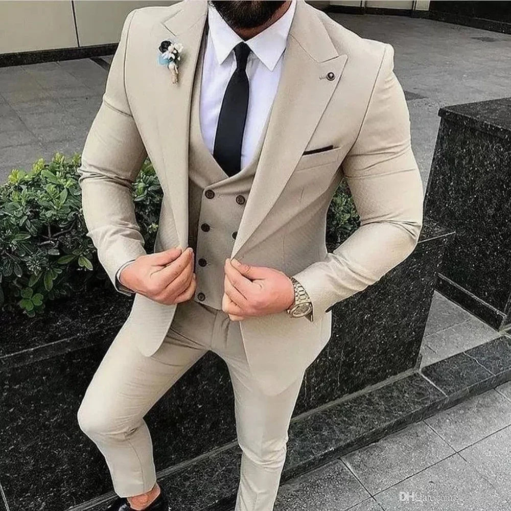 Beige Men's Suits Groom Tuxedos Slim Fit Business Casual Peak Lapel 3 Piece Suit Set Costume Homme (jacket+pants+vest)