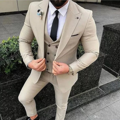 Beige Men's Suits Groom Tuxedos Slim Fit Business Casual Peak Lapel 3 Piece Suit Set Costume Homme (jacket+pants+vest)