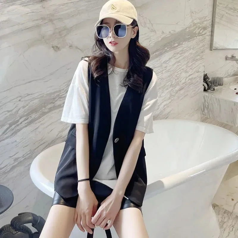 Feminine V-neck Blazer Waistcoat Tops Coat Korean Women Fashion Leisure Suit Vest Outerwear Spring Autumn Ladies Solid Color Sle
