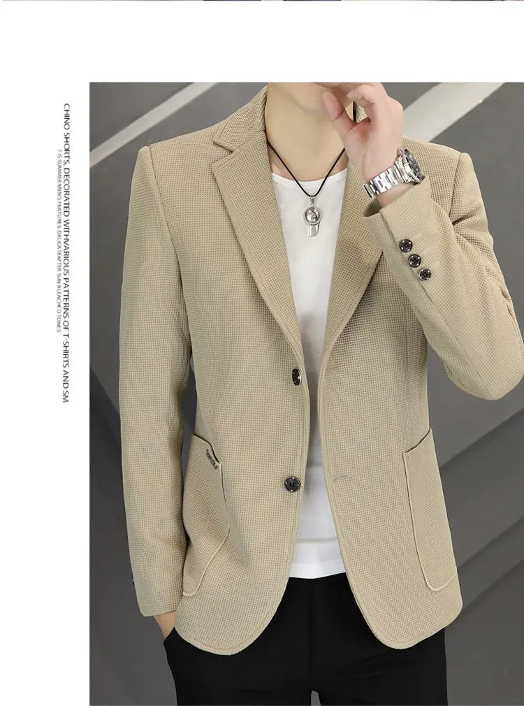 Men's Casual Blazer Two-Button Waffle Pattern for Spring Autumn