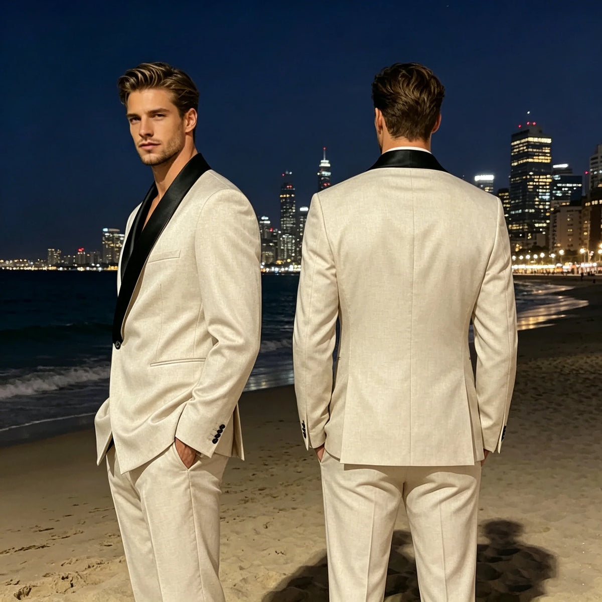 Men's Slim Fit Tuxedo Suit with Black Satin Shawl Lapel – 2-Piece Blazer & Pants for Wedding, Prom & Formal Events