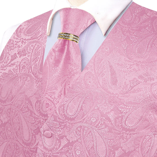 Men's Paisley Vest 5-In-1 Set with Tie, Pocket Square, Cufflinks & Ring – Soft Pink Wedding Waistcoat