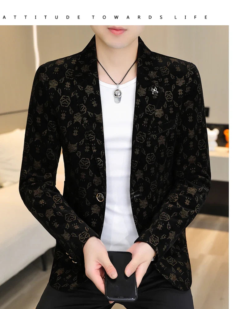 Blazer New Men's Fashion Corduroy Business Gentleman Slim Letter English Style Outdoor Performance Wedding Banquet Casual Blazer
