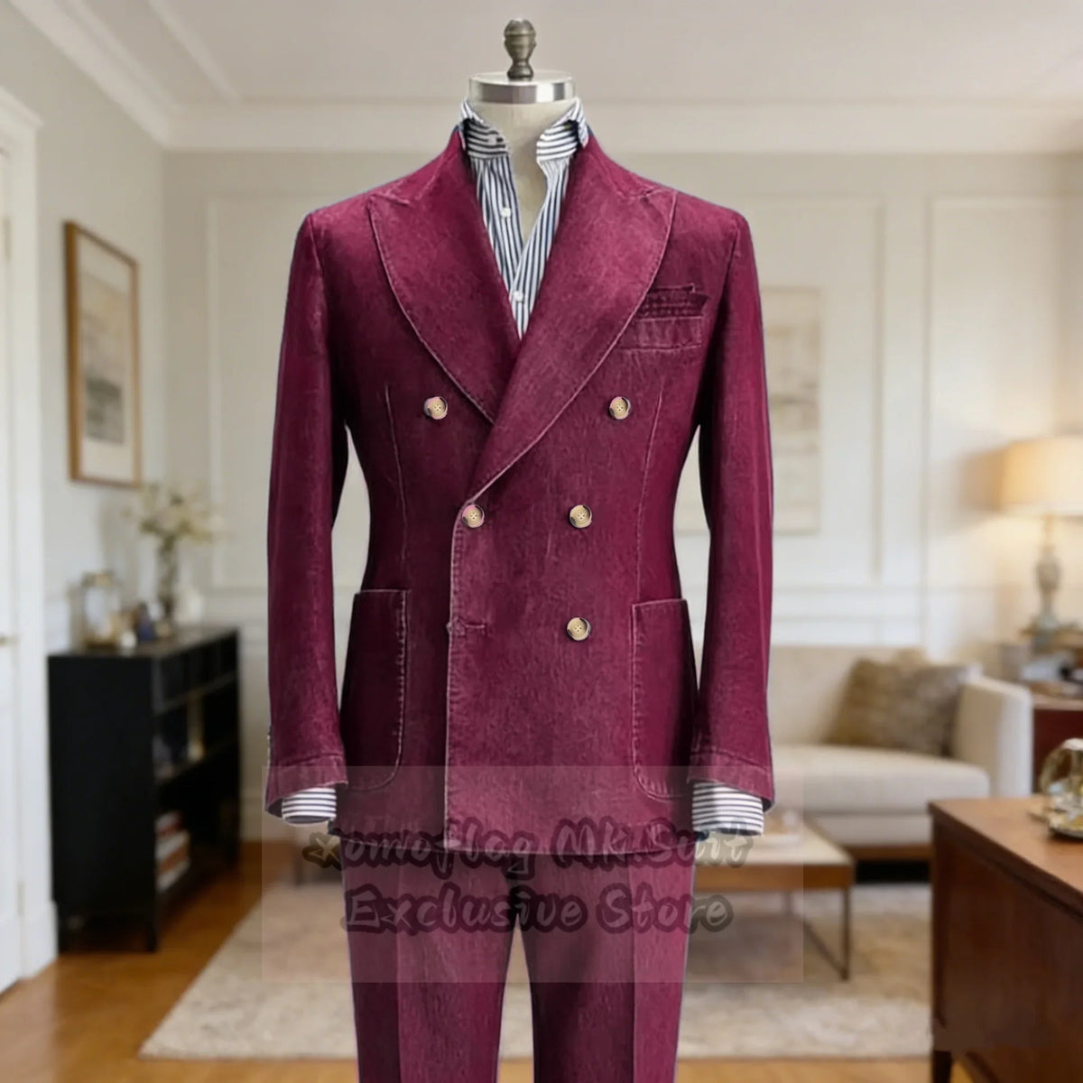 Men's Denim Suit Set Double Breasted Slim Fit Blazer and Trousers for Men