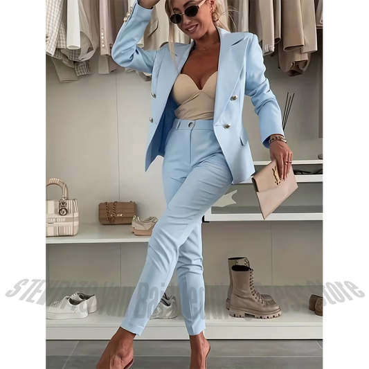 Chic Women's Light Blue Double Breasted Blazer Suit 2 Piece Peaked Lapel Tailored High Quality Formal Outfit Trouser Set Costume