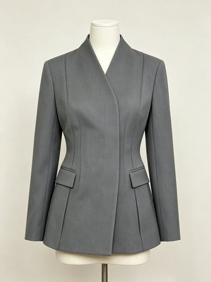 2026 New Women V Neck Blazer No Lapel Waist Shaping Suit Jacket Elegant Office Formal Outerwear 5 Colors