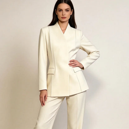 2026 New Women V Neck Blazer No Lapel Waist Shaping Suit Jacket Elegant Office Formal Outerwear 5 Colors