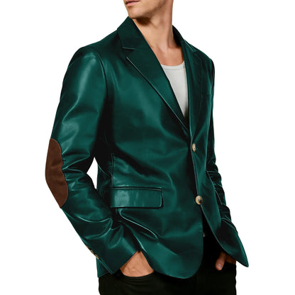 Men's Shiny Leather Blazer with Suede Elbow Patches Slim Fit 2-Button Notch Lapel Suit Jacket Streetwear Casual Party Sport Coat
