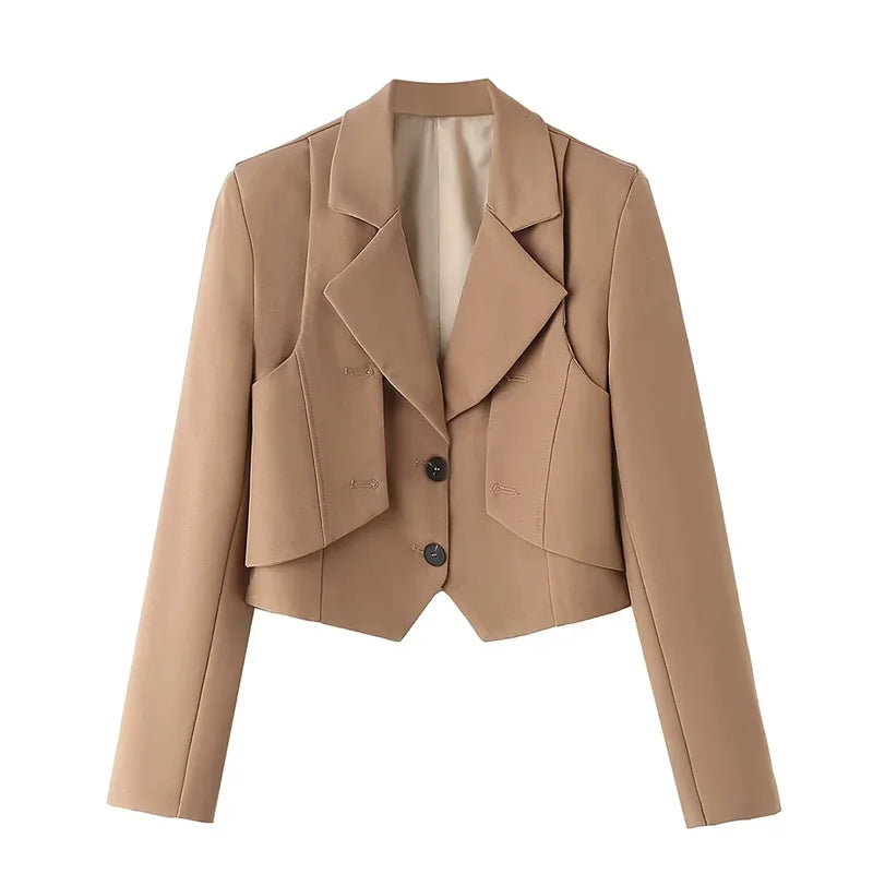 Women's Blue Blazer Jacket Vintage Office Ladies Long Sleeve Single Breasted Cropped Outerwear Suit Coat Y2k 2000s Spring Autumn